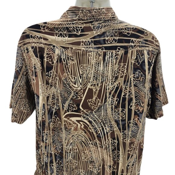 Axis LA Mens Medium Shirt Silk Hawaiian Floral Tan Brown Black Tropical Party - Picture 4 of 10